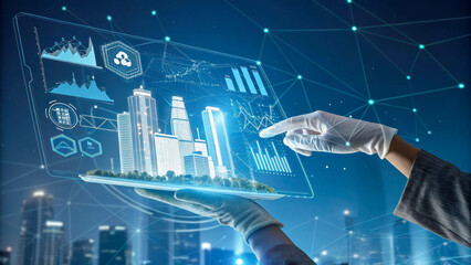 Futuristic scene with transparent screen and floating holographic images of digital city and dynamic graphs. Abstract lines of light and dark gradient background.