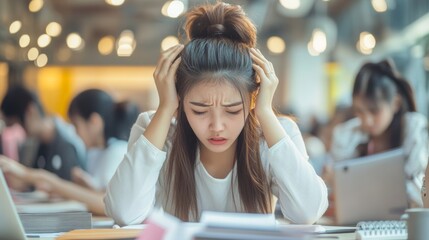 Busy smart young asian girl student marketing smm manager social media worker freelancer intern businesswoman working remote distant studding in office desk in coworking space. College education