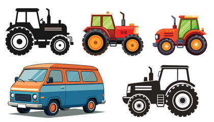 tractor vector group isolated machinery, Farm tractor, white background,