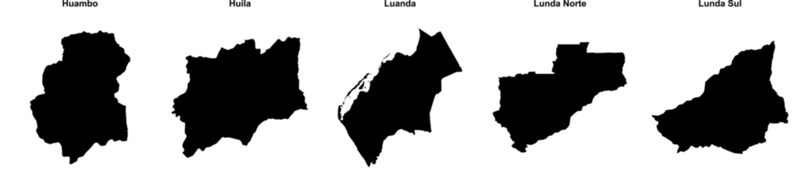 Huambo, Huila, Luanda, Lunda Norte, Lunda Sul outline maps