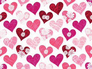 Vector seamless valentines grunge pattern with rose hearts and flowers in doodle style on a transparent background