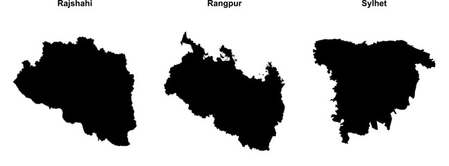 Obraz premium Rajshahi, Rangpur, Sylhet outline maps