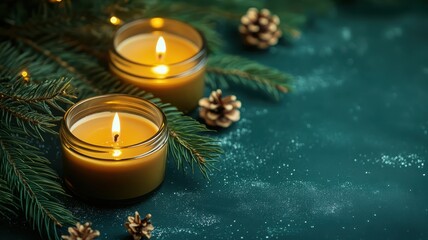 Festive holiday candles with pine branches in clear space cozy atmosphere warm glow close-up shot