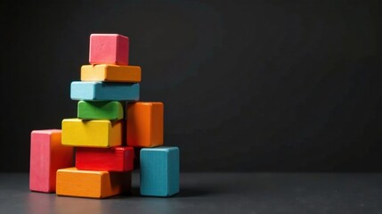 Obraz premium Colorful Wooden Blocks Stacked Against Dark Background, Representing Concepts of Building, Growth, and Development