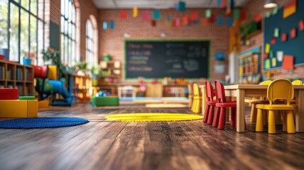 Colorful classroom setup with chalkboard bright environment kindergarten learning space engaging view