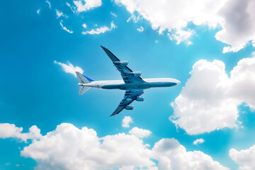 Airplane in the blue sky with clouds, high flying passenger plane