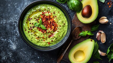 Creamy avocado soup with basil and chili flakes.