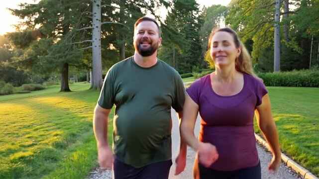 An overweight man and an overweight woman train together walking in a park. They seem to enjoy their time together and are smiling.