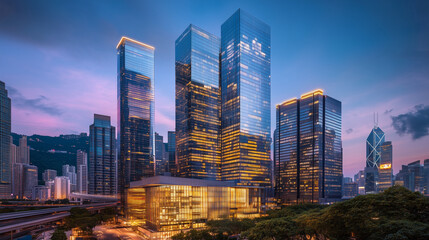 Fototapeta premium City Skyline at Blue Hour with Modern High-Rise Buildings