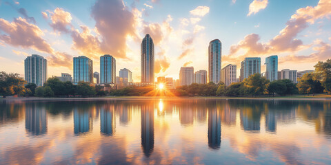 Fototapeta premium City Skyline with Skyscrapers and Sunset Reflection on Water