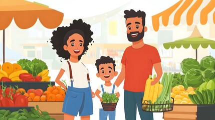 Happy Family Shopping Fresh Produce At Farmers Market