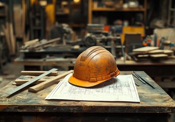 A Detailed Look at an Orange Hard Hat Resting on Construction Plans in an Industrial Workshop Setting with Tools and Materials in the Background