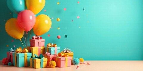 A Celebration of Joy Colorful Balloons and Gift Boxes on a Pastel Background