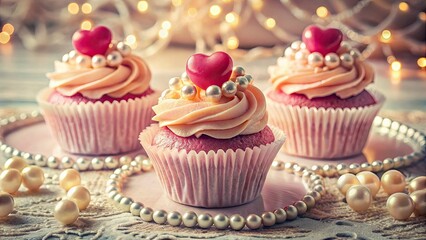 Romantic vintage Valentine's cupcakes, adorned with pearls and hearts, beautifully photographed.