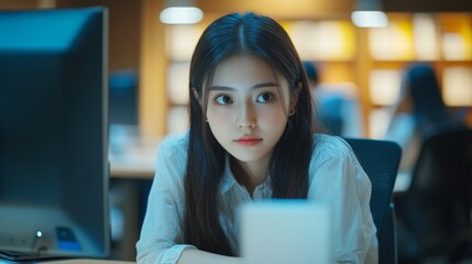Busy smart young asian girl student marketing smm manager social media worker freelancer intern businesswoman working remote distant studding in office desk in coworking space. College education