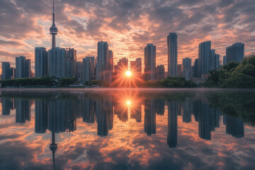 Fototapeta premium City Skyline with Skyscrapers and Sunset Reflection on Water