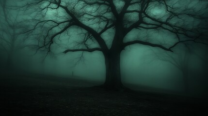 Obraz premium Foggy Forest with Lone Tree and Distant Figure