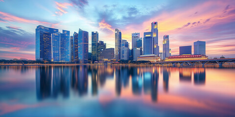 Naklejka premium City Skyline with Skyscrapers and Sunset Reflection on Water