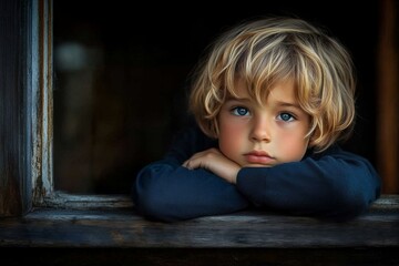 Fototapeta premium A young boy is sitting in a window with his head resting on his hand