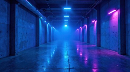 Fototapeta premium Ethereal Glow A Moody Concrete Corridor Bathed in Vibrant Neon Lights