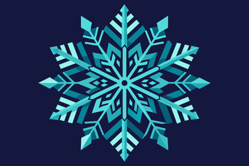 Geometric Snowflake Art: A detailed illustration of a geometrically perfect snowflake, featuring intricate crystalline structures with gradient shades of blue against a dark blue background.