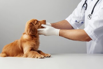 Veterinary examination of a golden retriever puppy in a clinical setting during a health check-up