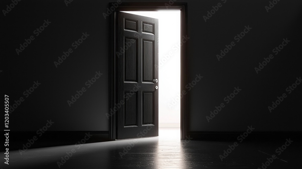 Poster An open door invites warm light into a shadowy room, creating a contrast between the illuminated entrance and the enveloping darkness. This moment captures a peaceful stillness