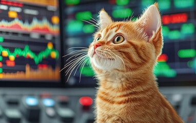 Petfluencer, pet idol, International trade policies and tariff wars curious cat observing digital display with colorful graphs and data