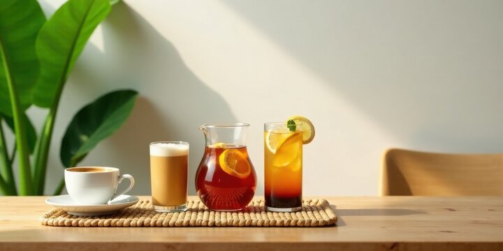 Sunlight illuminates a cafe table arrangement featuring a cup of coffee, a glass of latte, a pitcher of iced tea, and a refreshing citrus beverage.