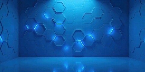 Fototapeta premium Abstract Hexagonal Room with Glowing Blue Accents and Reflective Floor