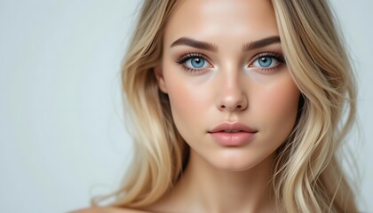 Naklejka premium Stunning Closeup Portrait of a Young Woman with Long Blonde Hair and Striking Blue Eyes, Beautiful Skin and Makeup