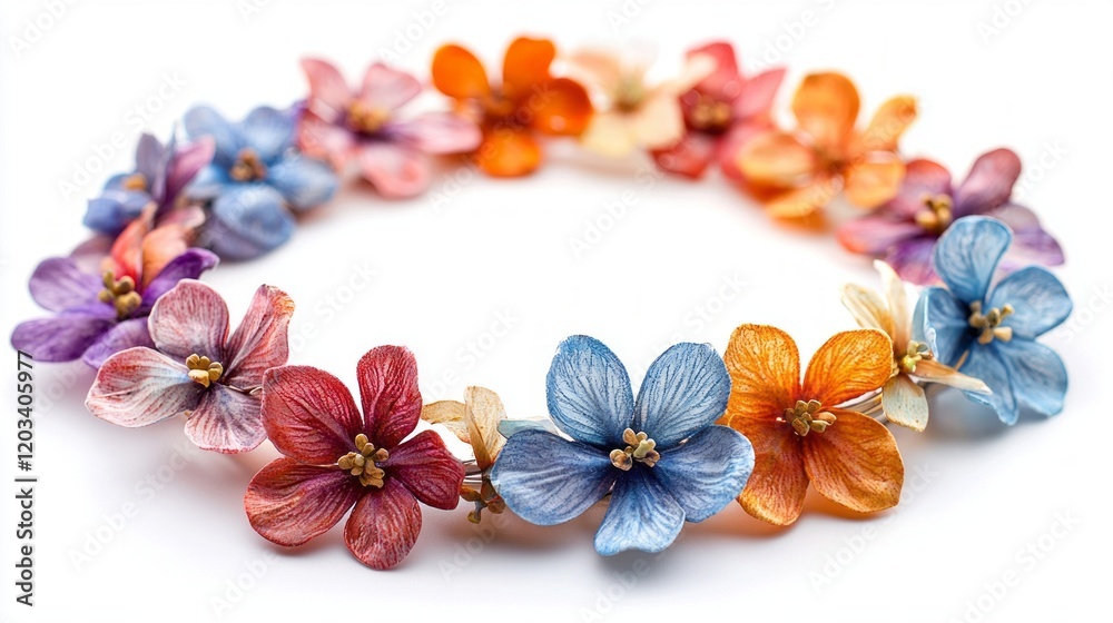Aufkleber A captivating circle of colorful handmade flowers showcases artistic craftsmanship. Various hues blend harmoniously, creating a striking visual display in a serene white setting