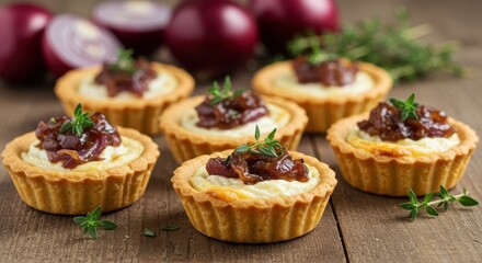 A set of mini savory tarts filled with creamy cheese and topped with caramelized onions and fresh thyme arranged on a rustic wooden table