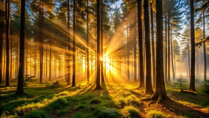 Fototapeta premium Sun-drenched silhouettes of trees frame a majestic sunset, backlit landscape in nature's embrace.