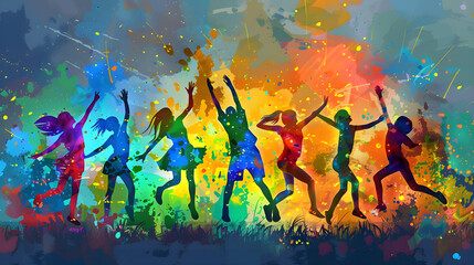 Silhouettes of a group of people on a bright abstract background. Banner for the International Day of Tolerance.