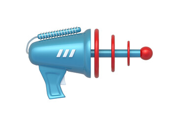 Naklejka premium Retro blaster isolated on white background. Futuristic laser weapon. Alien gun. Toy for children. Top view. 3d render