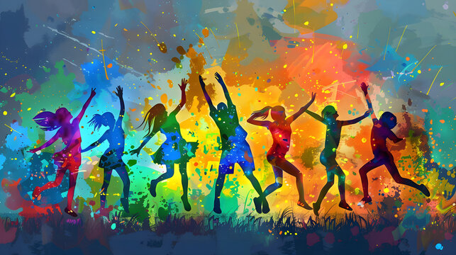 Silhouettes of a group of people on a bright abstract background. Banner for the International Day of Tolerance.