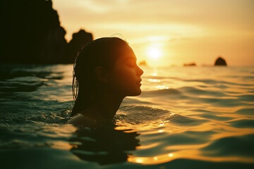 Woman is relaxing and swimming on the sea.