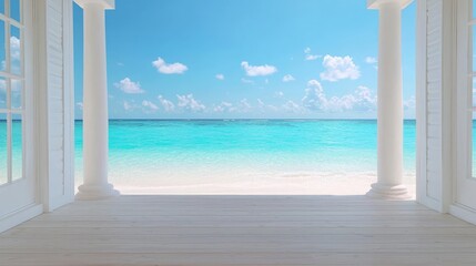 Fototapeta premium Tropical beach view from white gazebo; relaxing ocean scene, ideal for travel brochures