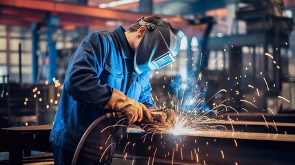 Skilled metalworker in a factory, wearing protective gear, creating a shower of sparks with arc welding, surrounded by industrial equipment