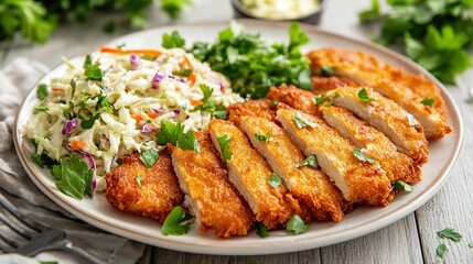 Crispy breaded chicken breast cutlets served with coleslaw and parsley.