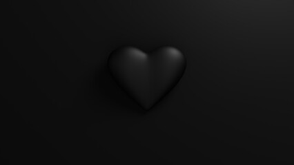 Black heart with soft shadow on a black background. Valentine's day romantic backdrop. 3d render illustration.