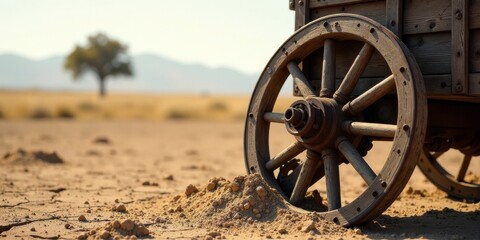 Fototapeta premium A weathered wooden wagon wheel rests in arid soil, a lone tree visible in the distant, sun-drenched landscape.