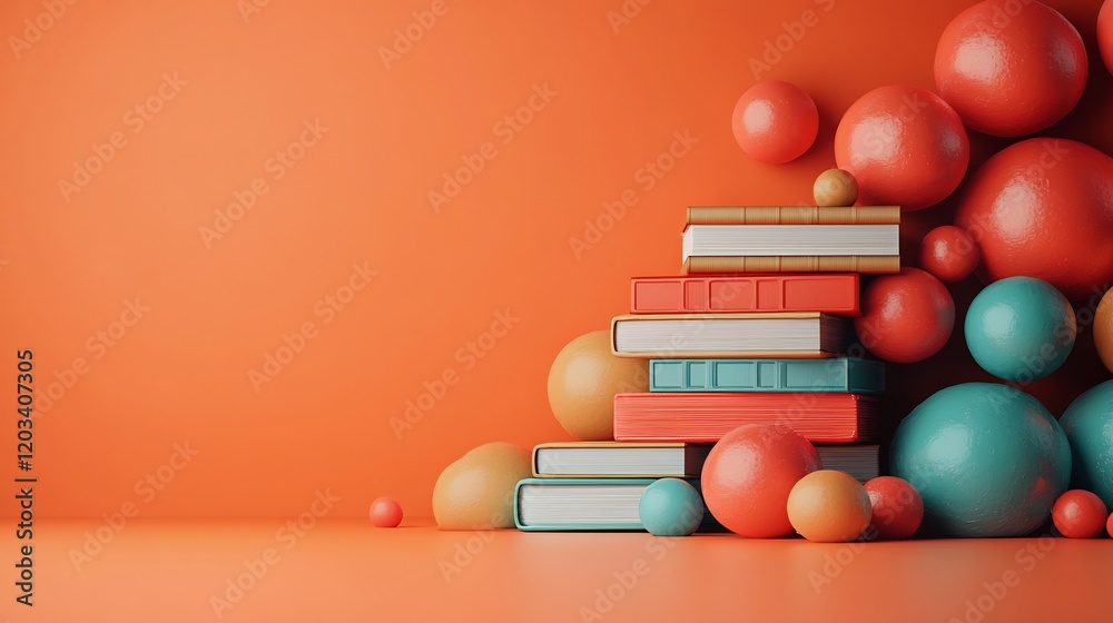 Poster vibrant 3d render of an online education setup with a stack of books and a digital bookshelf set aga