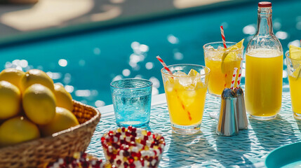 Vibrant summer poolside dining setup featuring colorful drinks and fresh fruit on a sunny day