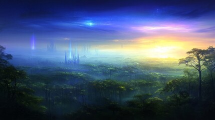 Naklejka premium Futuristic City Dawn Over Lush Tropical Forest
