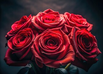 Velvet red roses bloom in shadowy intimacy, a romantic dark floral closeup.