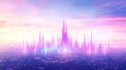 Futuristic Cityscape at Sunset Glow, Pink Towers
