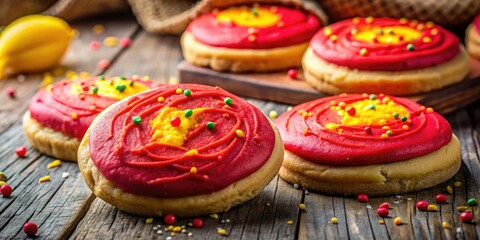 Fototapeta premium Vibrant red and yellow frosting adorns delicious sugar cookies; candid shots capture their sweet appeal.