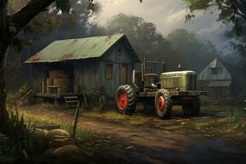 Obraz premium Old rusty tractor parked near a wooden barn in a rural landscape, representing agriculture and the farming lifestyle